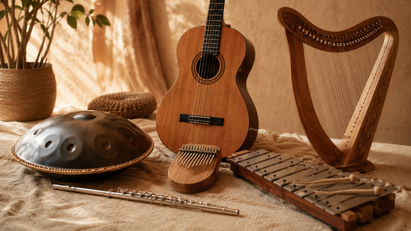 Handpan, yan flüt, kalimba, gitar, ukulele, ksilofon ve arp enstrümanları